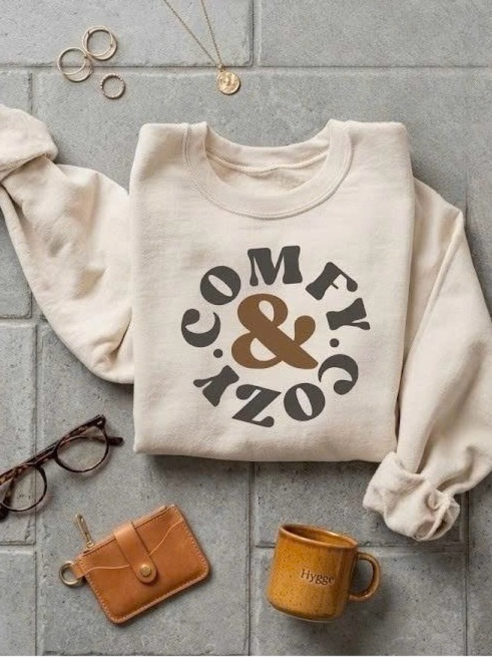 Comfy and Cozy Crewneck Sweatshirt Beige Neutral Aesthetic Graphic Pullover